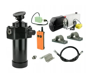 Hydraulik für Kippanhänger, Hydraulikaggregat 12V mit Funkfernbedienung mit Funkfernbedienung + Teleskopzylinder mit Kardanring und Lagerbockpaar Hub 1432. Tragkraft bis zu 12 Tonnen      