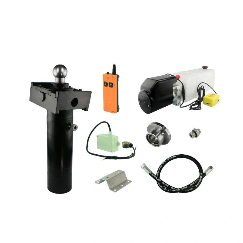 Hydraulik für Kippanhänger, Hydraulikaggregat 24V mit Funkfernbedienung + Teleskopzylinder mit Kardanring und Kugelpfanne Hub 520. Tragkraft bis zu 5 Tonnen