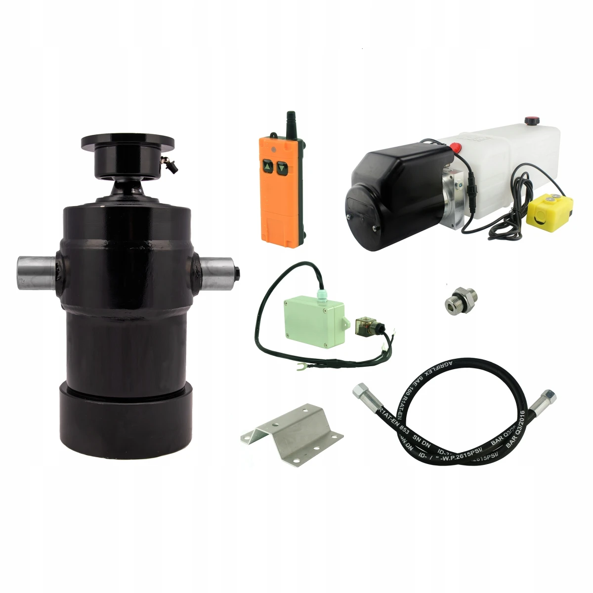 Hydraulik für Kippanhänger, Hydraulikaggregat 24V mit Funkfernbedienung + Teleskopzylinder Hub 1000. Tragkraft bis zu 12 Tonnen