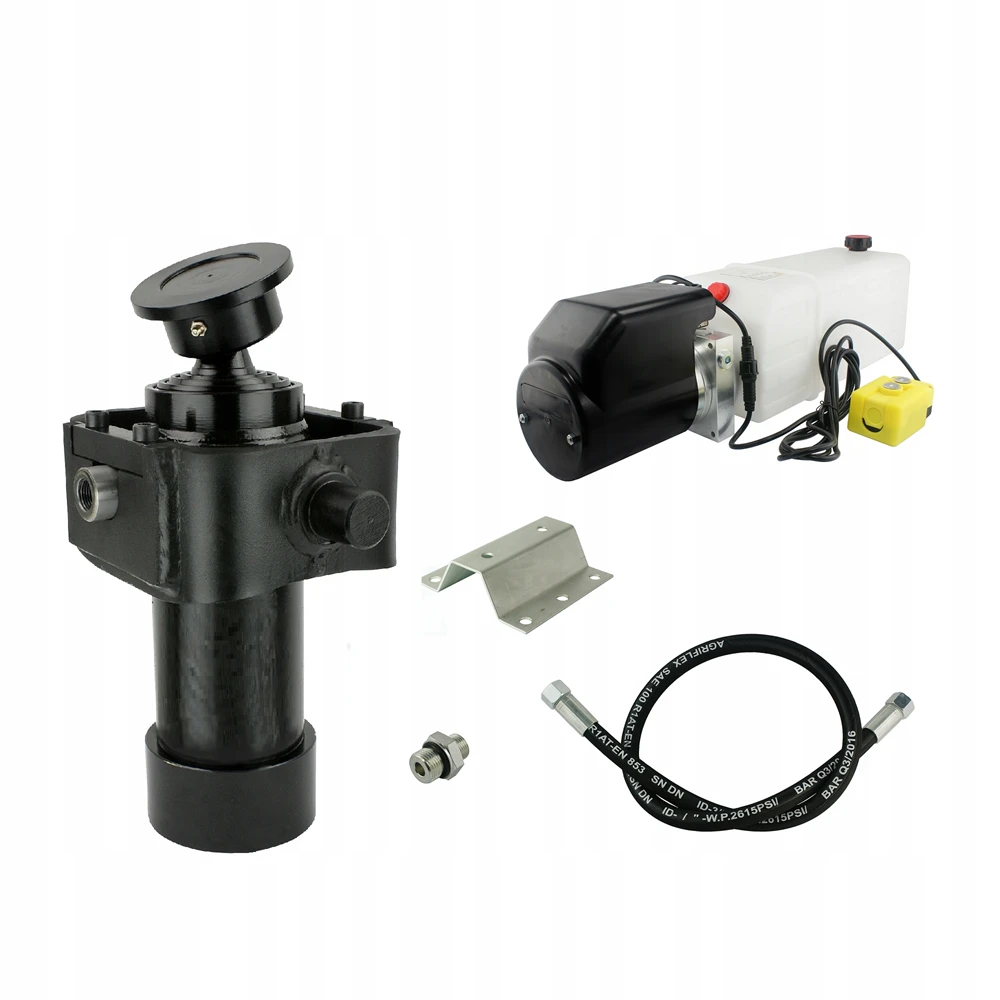 Hydraulik für Kippanhänger, Hydraulikaggregat 24V + Teleskopzylinder mit Kardanring Hub 910. Tragkraft bis zu 7 Tonnen