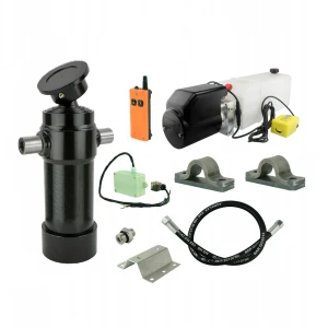 Hydraulik für Kippanhänger, Hydraulikaggregat 24V mit Funkfernbedienung + Teleskopzylinder mit Lagerbockpaar Hub 910. Tragkraft bis zu 7 Tonnen    