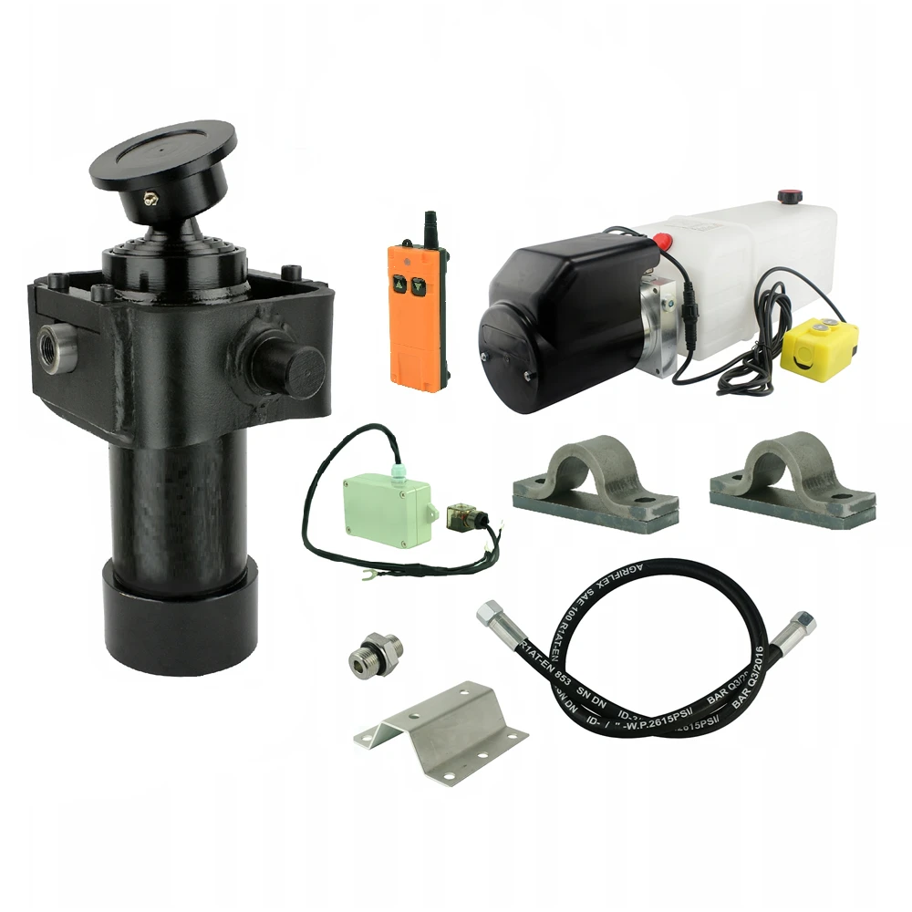 Hydraulik für Kippanhänger, Hydraulikaggregat 24V mit Funkfernbedienung + Teleskopzylinder mit Kardanring und Lagerbockpaar Hub 910. Tragkraft bis zu 7 Tonnen