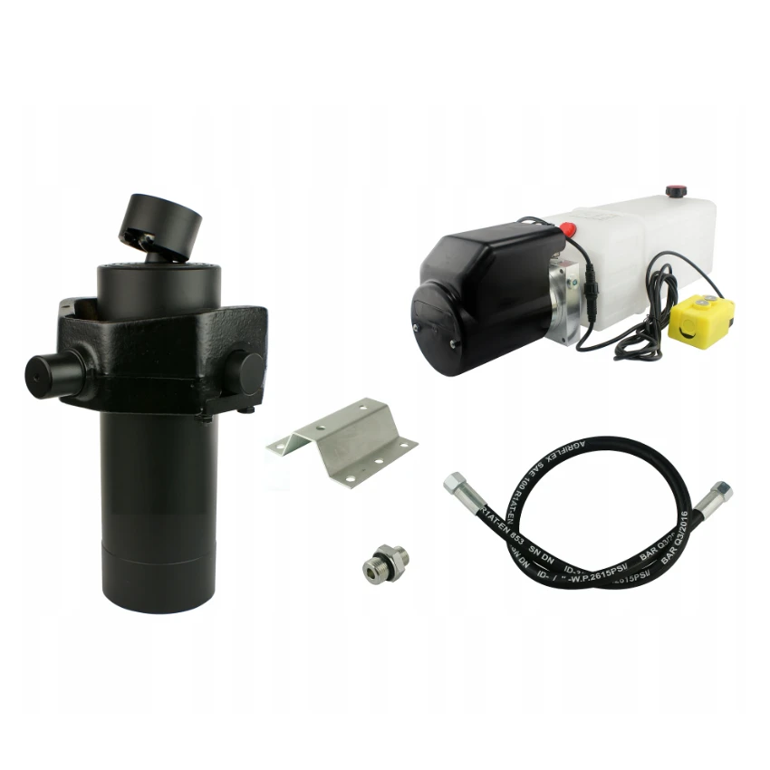 Hydraulik für Kippanhänger, Hydraulikaggregat 24V + Teleskopzylinder mit Kardanring Hub 1200. Tragkraft bis zu 10 Tonnen