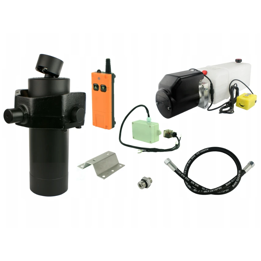 Hydraulik für Kippanhänger, Hydraulikaggregat 24V mit Funkfernbedienung + Teleskopzylinder mit Kardanring Hub 1200. Tragkraft bis zu 10 Tonnen