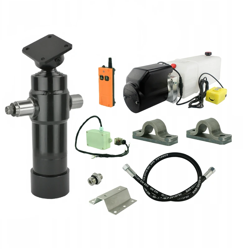 Hydraulik für Kippanhänger, Hydraulikaggregat 24V mit Funkfernbedienung + Teleskopzylinder mit Lagerbockpaar Hub 700. Tragkraft bis zu 5 Tonnen