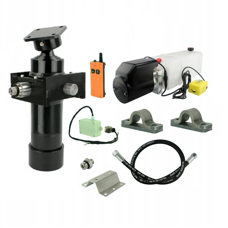 Hydraulik für Kippanhänger, Hydraulikaggregat 24V mit Kardanring und Funkfernbedienung + Teleskopzylinder mit Lagerbockpaar Hub 700. Tragkraft bis zu 5 Tonnen