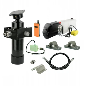 Hydraulik für Kippanhänger, Hydraulikaggregat 24V mit Kardanring und Funkfernbedienung + Teleskopzylinder mit Lagerbockpaar Hub 700. Tragkraft bis zu 5 Tonnen   