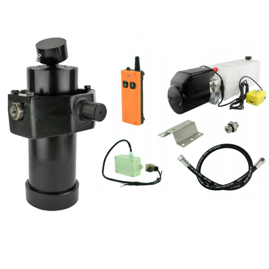Hydraulik für Kippanhänger, Hydraulikaggregat 24V mit Funkfernbedienung + Teleskopzylinder mit Kardanring Hub 1237. Tragkraft bis zu 8 Tonnen