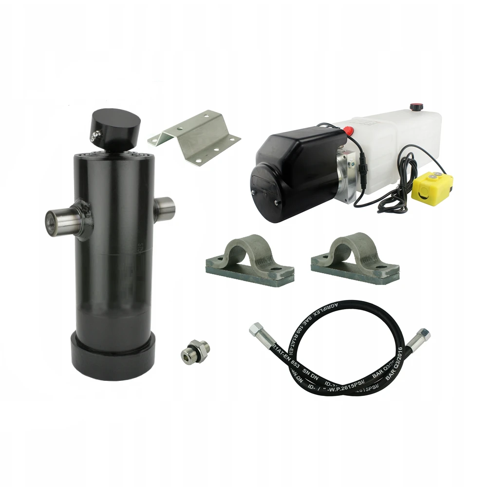 Hydraulik für Kippanhänger, Hydraulikaggregat 24V + Teleskopzylinder mit Lagerbockpaar Hub 1237. Tragkraft bis zu 8 Tonnen
