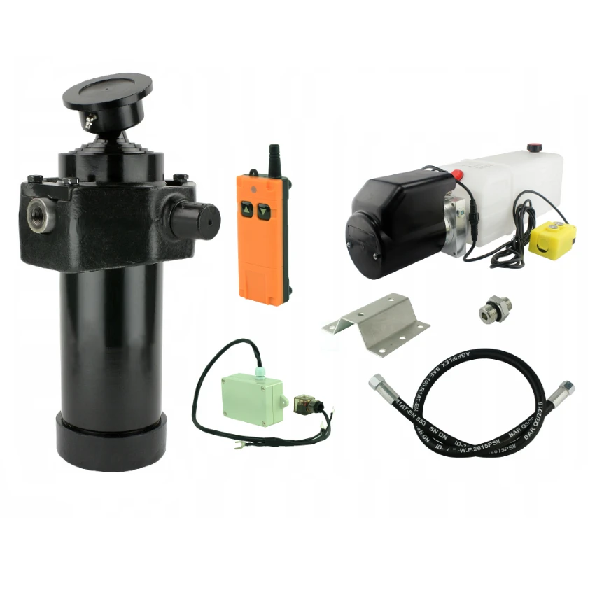 Hydraulik für Kippanhänger, Hydraulikaggregat 24V mit Funkfernbedienung + Teleskopzylinder mit Kardanring Hub 1432. Tragkraft bis zu 12 Tonnen