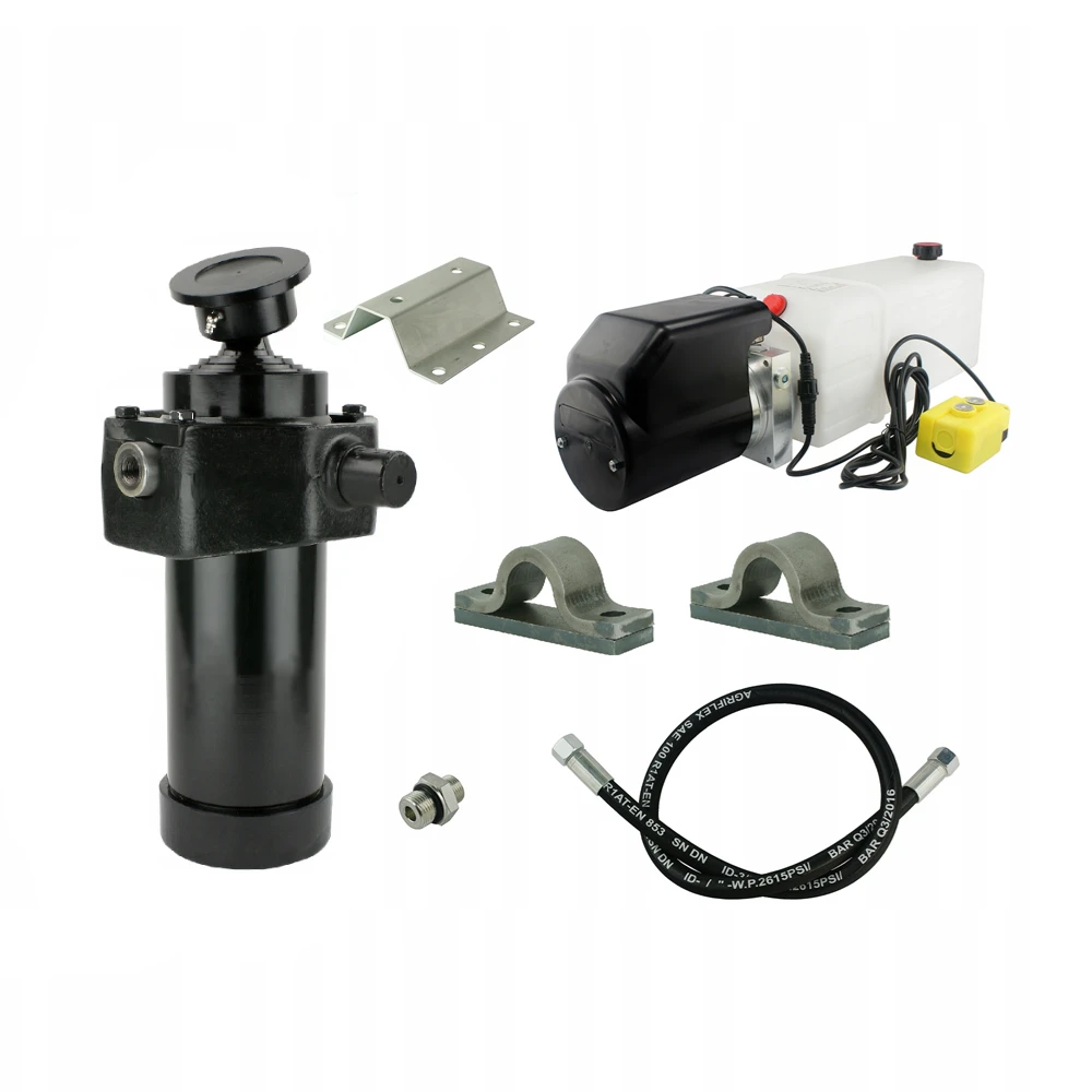 Hydraulik für Kippanhänger, Hydraulikaggregat 24V mit Funkfernbedienung + Teleskopzylinder mit Kardanring und Lagerbockpaar Hub 1432. Tragkraft bis zu 12 Tonnen