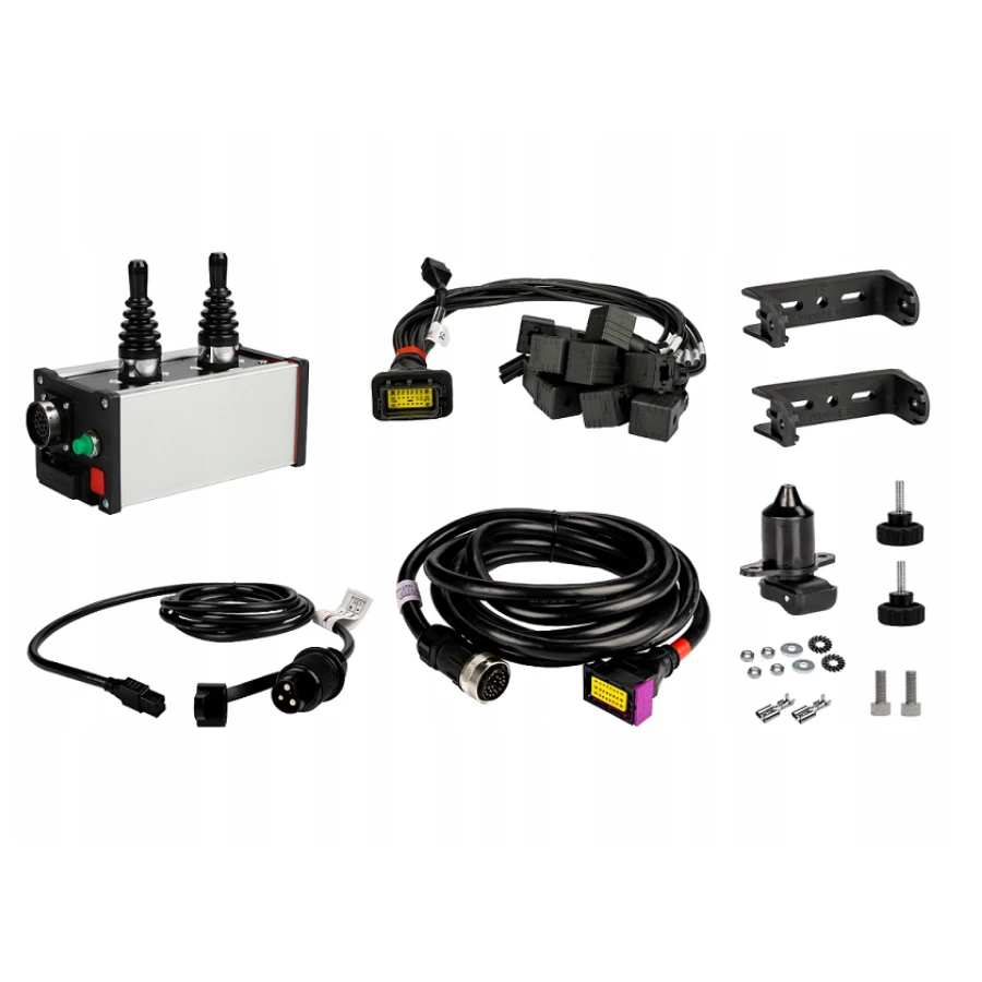 Steuerkasten mit zwei 5-Positionen Joysticks, Elektrokabel, Stromanschlüssen, Befestigungsbügel 7m Zwischenkabel und elektrischen Steckern