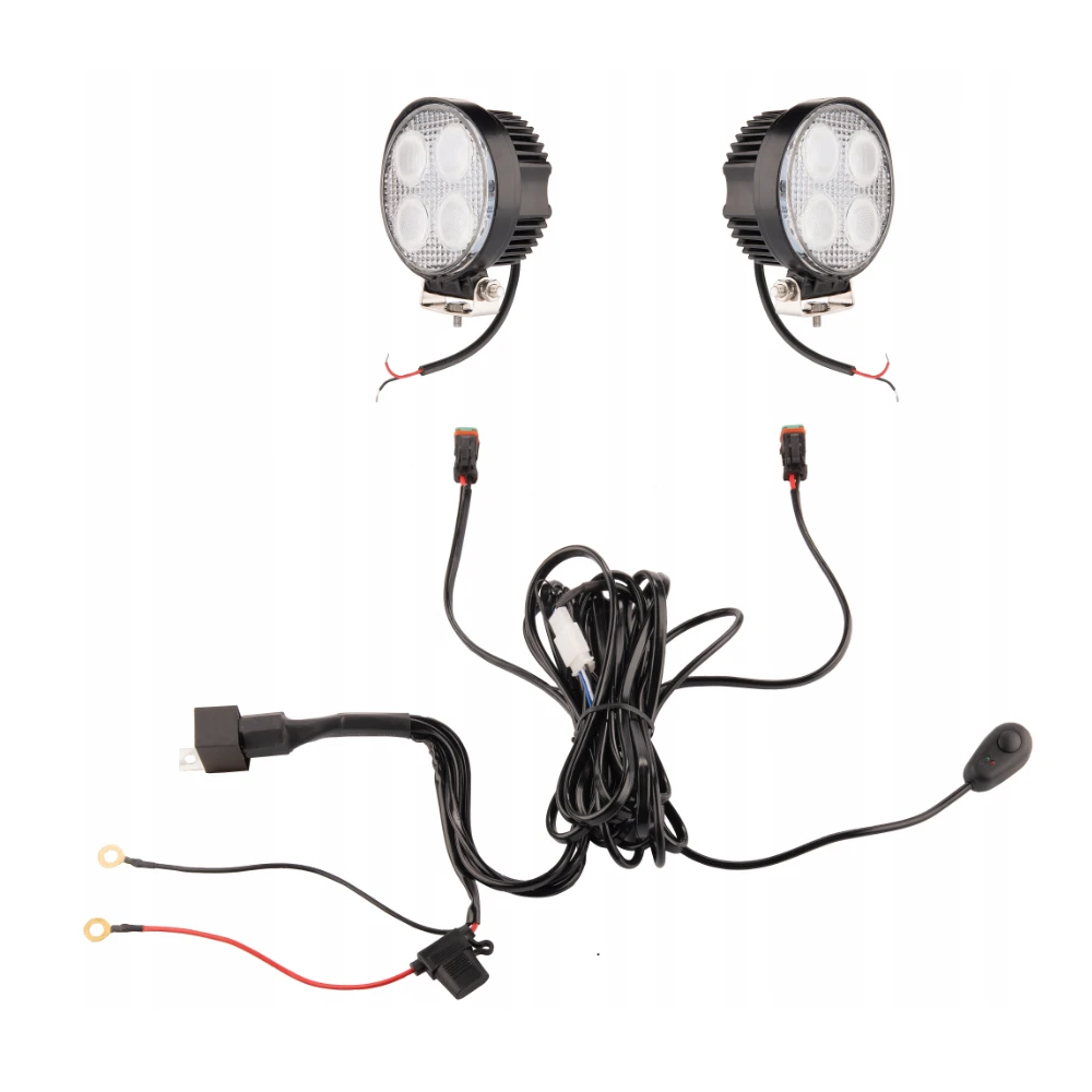 Zwei LED Arbeitsscheinwerfer 1600 LM 16W, Anzahl der LED-Dioden: 4, licht: zerstreut. Im Set mit Kabelbaum
