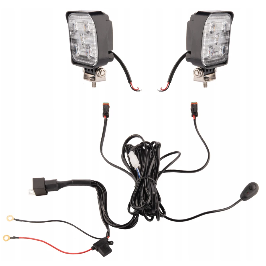 Zwei LED Arbeitsscheinwerfer 630 LM 12W, Anzahl der LED-Dioden: 5, licht: zerstreut. Im Set mit Kabelbaum