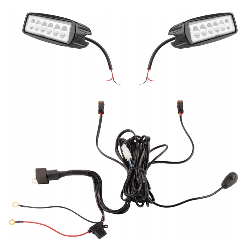 Zwei LED Arbeitsscheinwerfer 1680 LM 18W, Anzahl der LED-Dioden: 6, licht: fokussiert. Im Set mit Kabelbaum