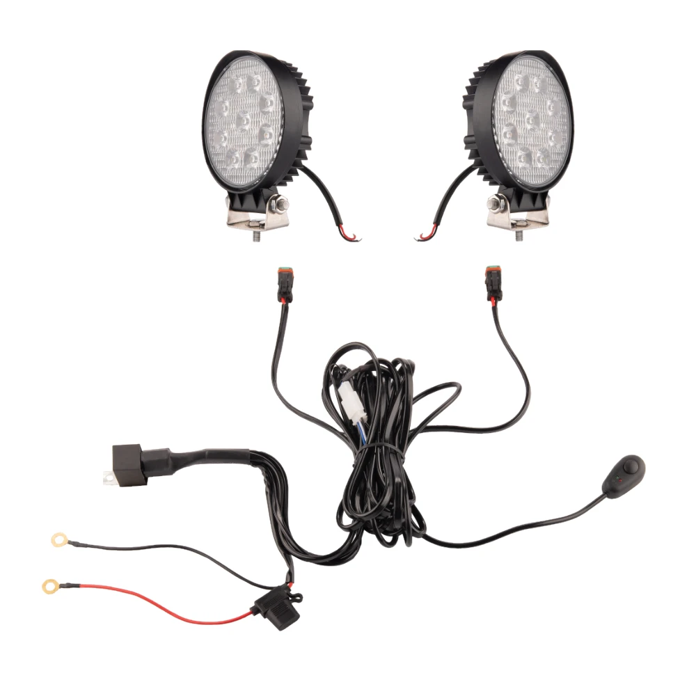 Zwei LED Arbeitsscheinwerfer 1280 LM 24W, Anzahl der LED-Dioden: 9, licht: fokussiert. Im Set mit Kabelbaum