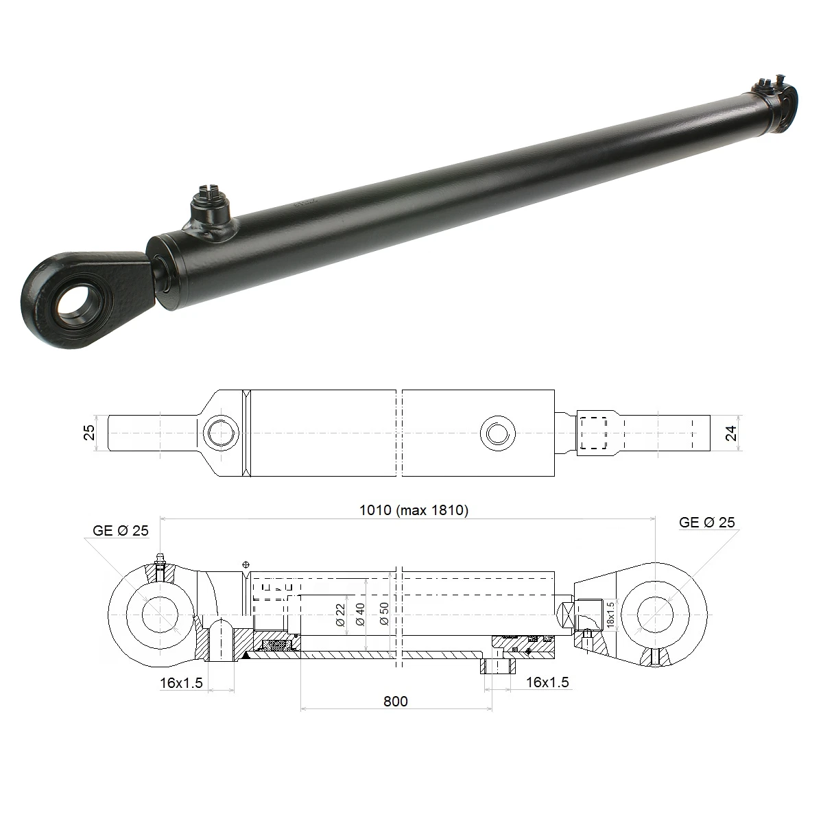 Hydraulikzylinder doppeltwirkend CJ2F-40/22/800 mit Gelenkaugen 25mm