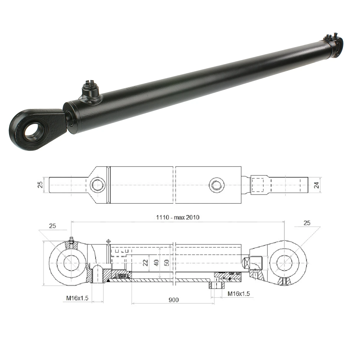 Hydraulikzylinder doppeltwirkend CJ2F-40/22/900 mit Gelenkaugen 25mm