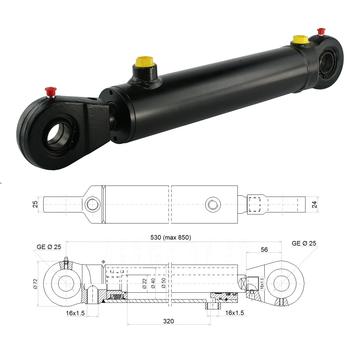 Hydraulikzylinder doppeltwirkend CJ2F-40/22/320 mit Gelenkaugen 25mm