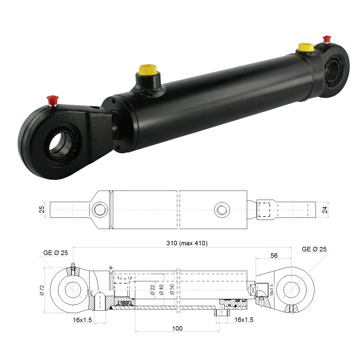Hydraulikzylinder doppeltwirkend CJ2F-40/22/100 mit Gelenkaugen 25mm