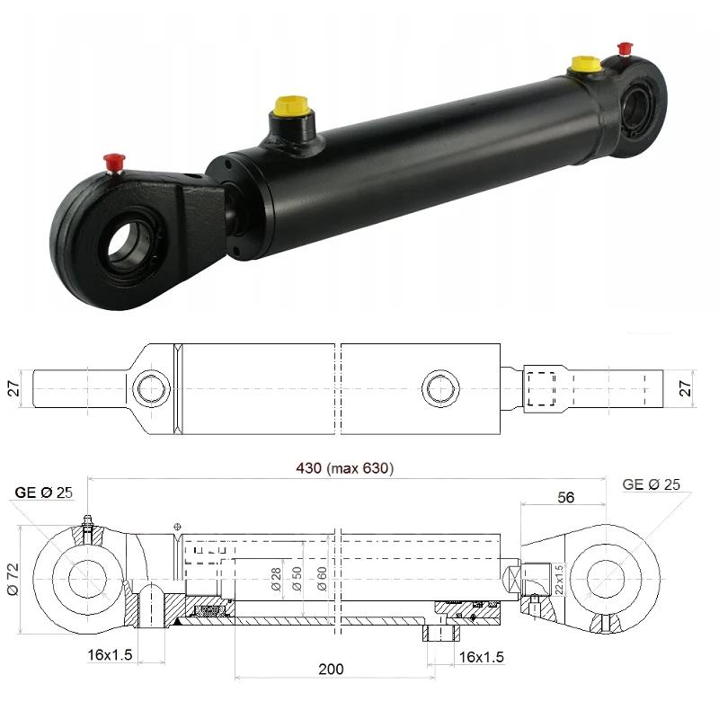 Hydraulikzylinder doppeltwirkend CJ2F-50/28/200 mit Gelenkaugen 25 mm