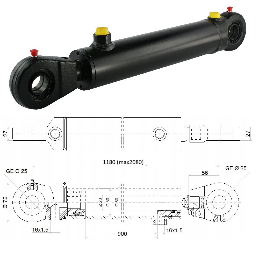 Hydraulikzylinder doppeltwirkend CJ2F-50/28/900 mit Gelenkaugen 25mm