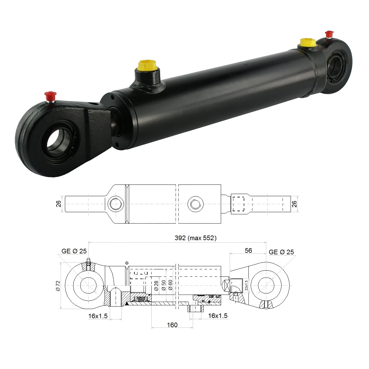 Hydraulikzylinder doppeltwirkend CJ2F-50/28/160 mit Gelenkaugen 25mm