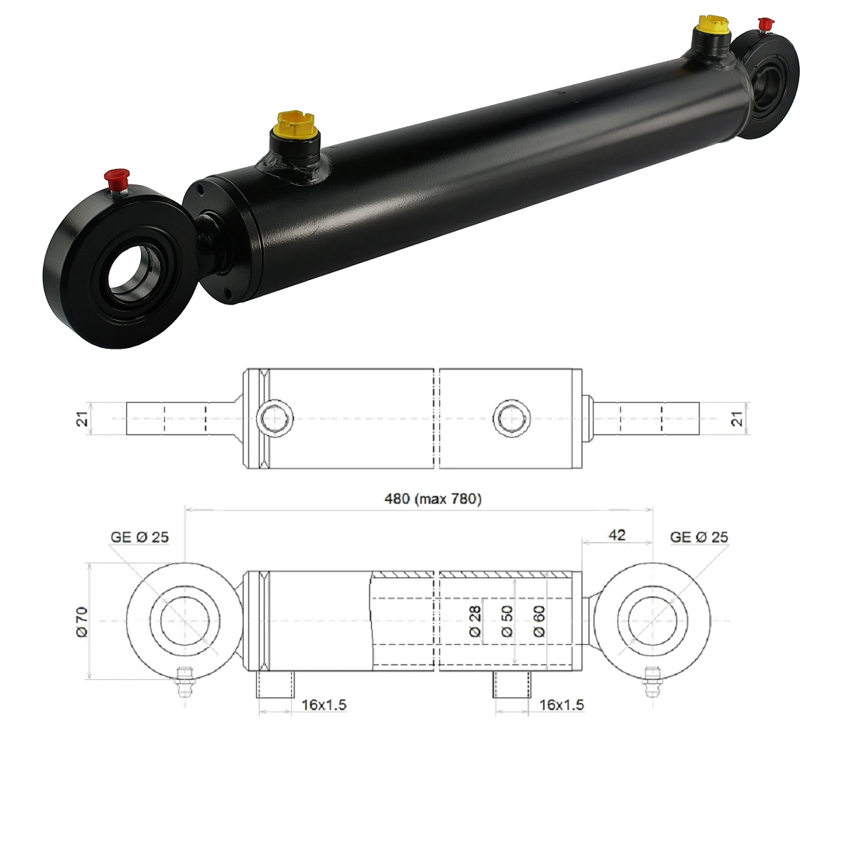 Hydraulikzylinder doppeltwirkend CJ2F-50/28/300 mit Gelenkaugen 25mm