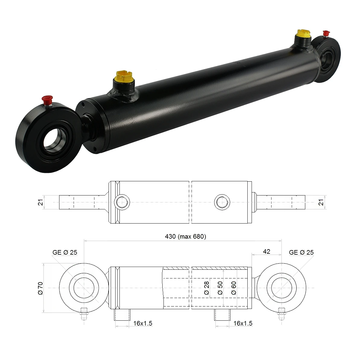 Hydraulikzylinder doppeltwirkend CJ2F-50/28/250 mit Gelenkaugen 25mm