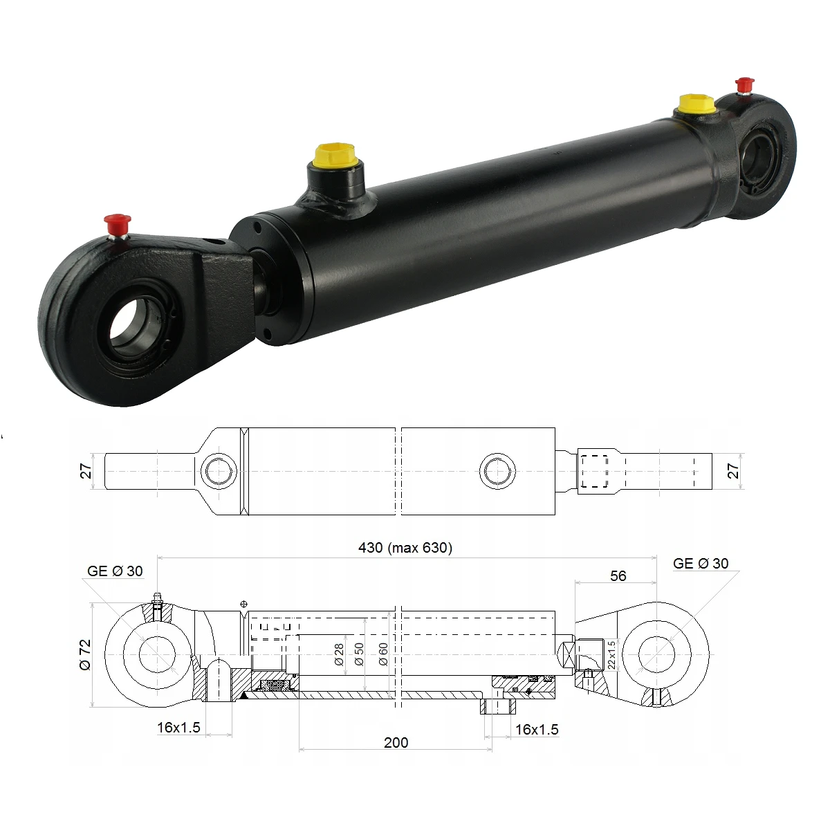 Hydraulikzylinder doppeltwirkend CJ2F-50/28/200 mit Gelenkaugen 30mm