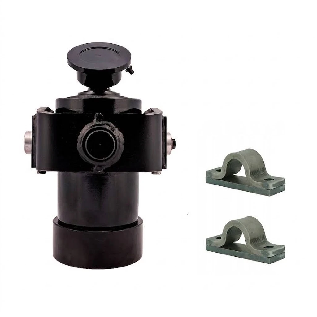 Teleskopzylinder 6-stufig Ø120/105/90/75/60/45mm 1000mm Hub mit Kugelpfanne, Kardanring und Lagerbockpaar