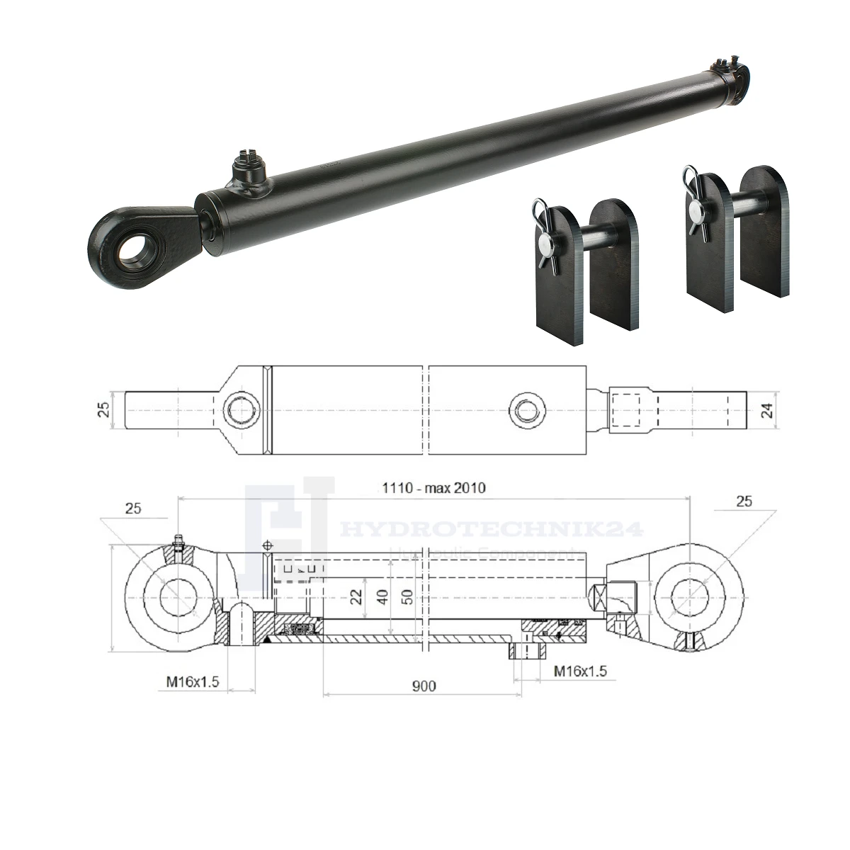 Hydraulikzylinder doppeltwirkend CJ2F-40/22/900 mit Gelenkaugen 25mm + Befestigung