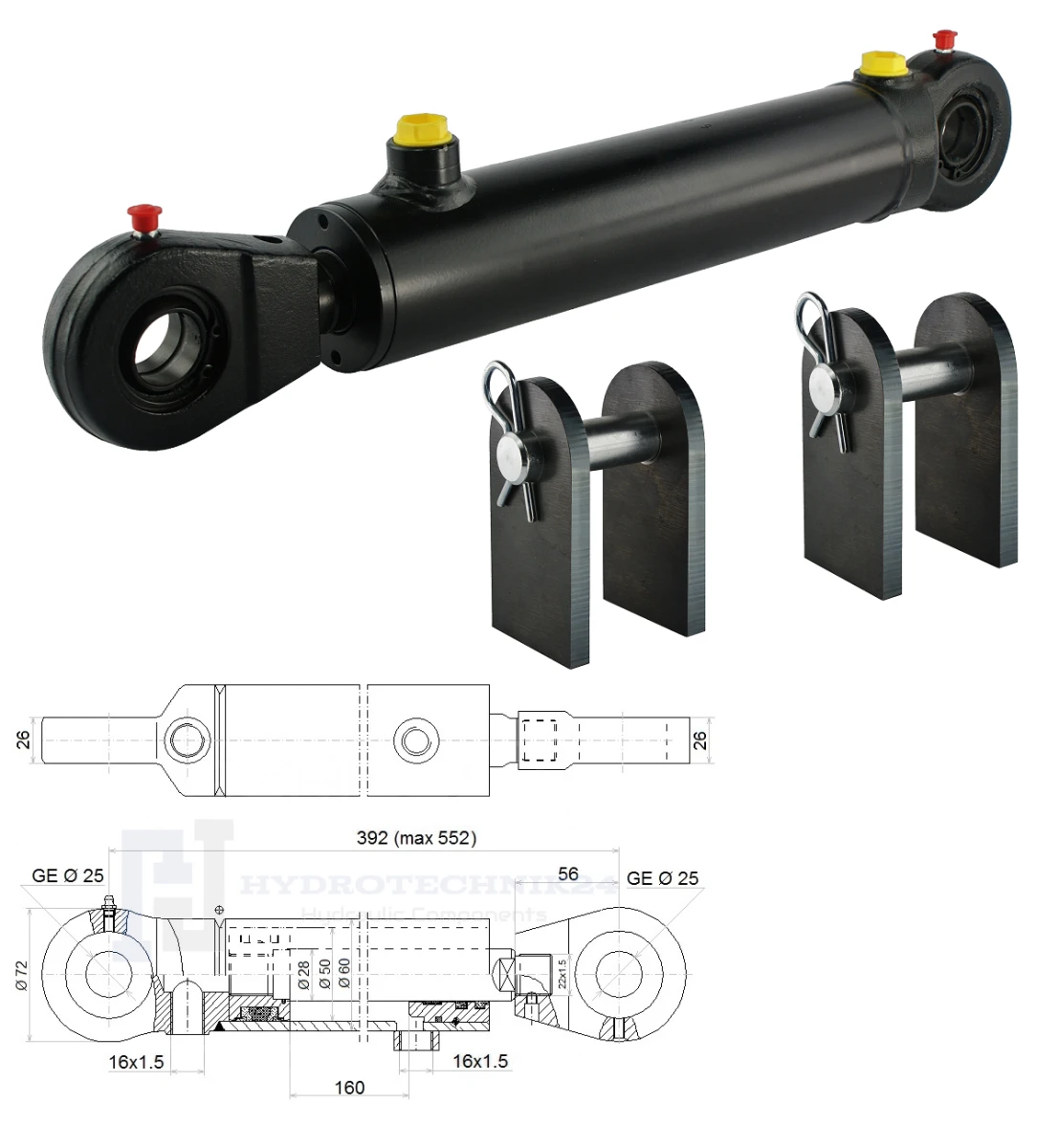 Hydraulikzylinder doppeltwirkend CJ2F 50/28/160 mit Gelenkaugen 25mm + Befestigung