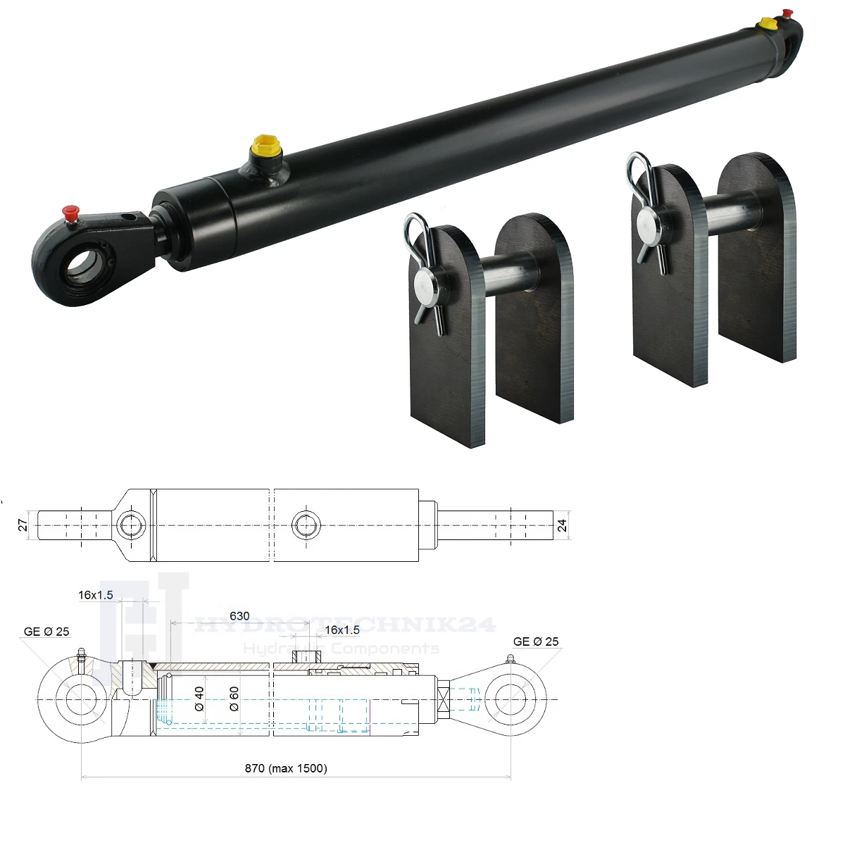 Hydraulikzylinder doppeltwirkend CJ2F 50/40/630 mit Gelenkaugen 25mm + Befestigung