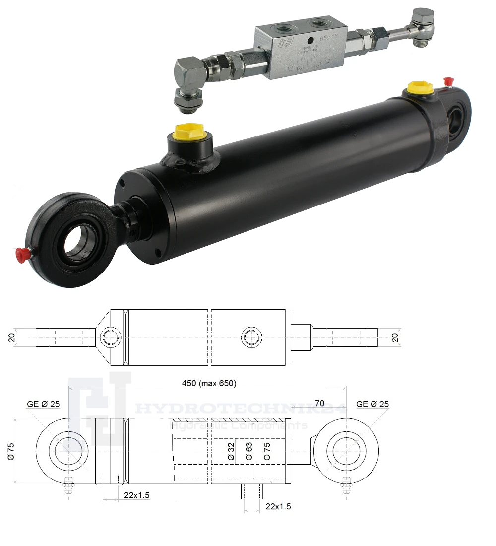 Hydraulikzylinder doppeltwirkend CJ2F-63/32/200 mit Gelenkaugen 25mm + Sperrventil