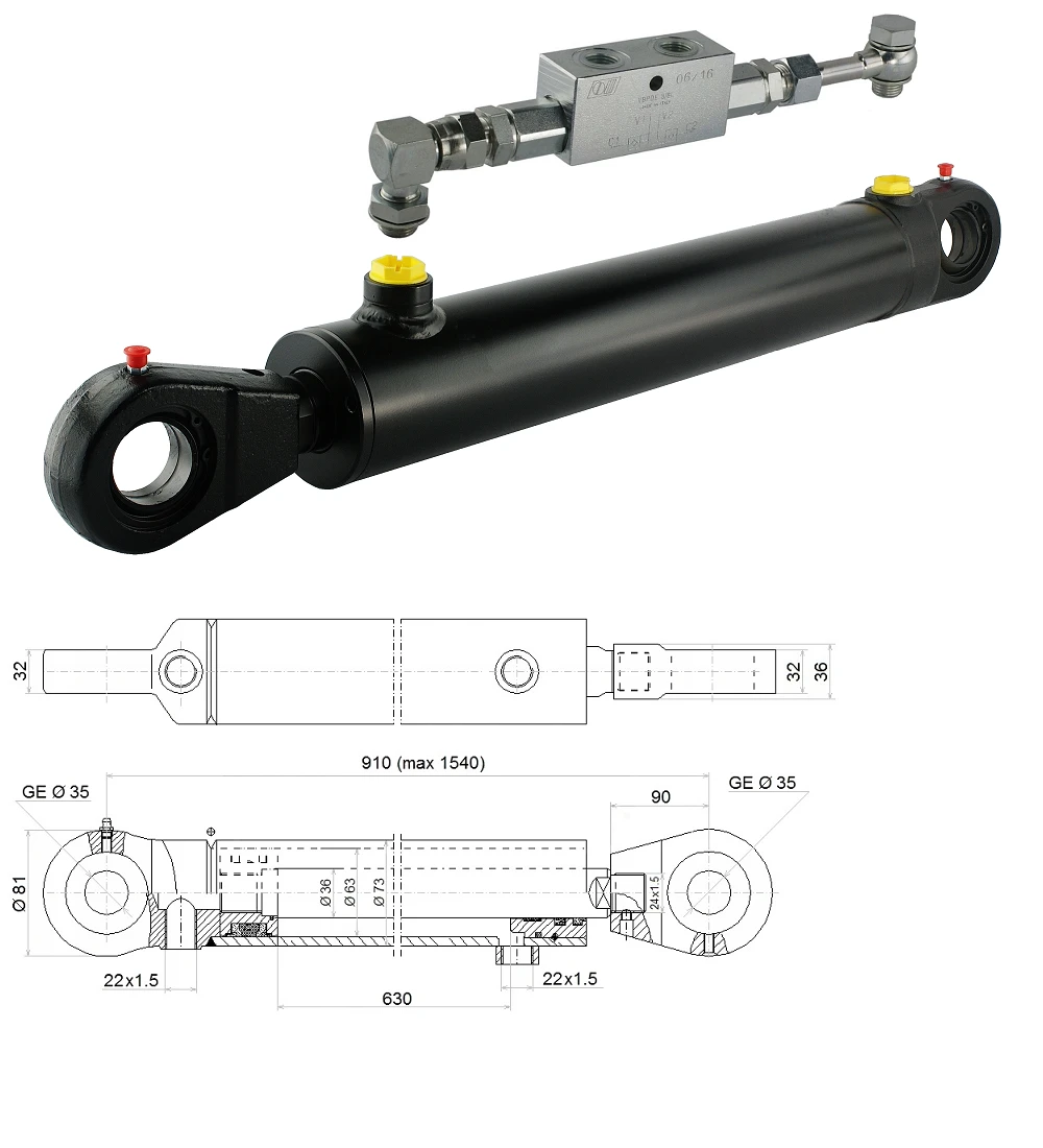 Hydraulikzylinder doppeltwirkend CJ2F-63/36/630 mit Gelenkaugen 35mm + Sperrventil