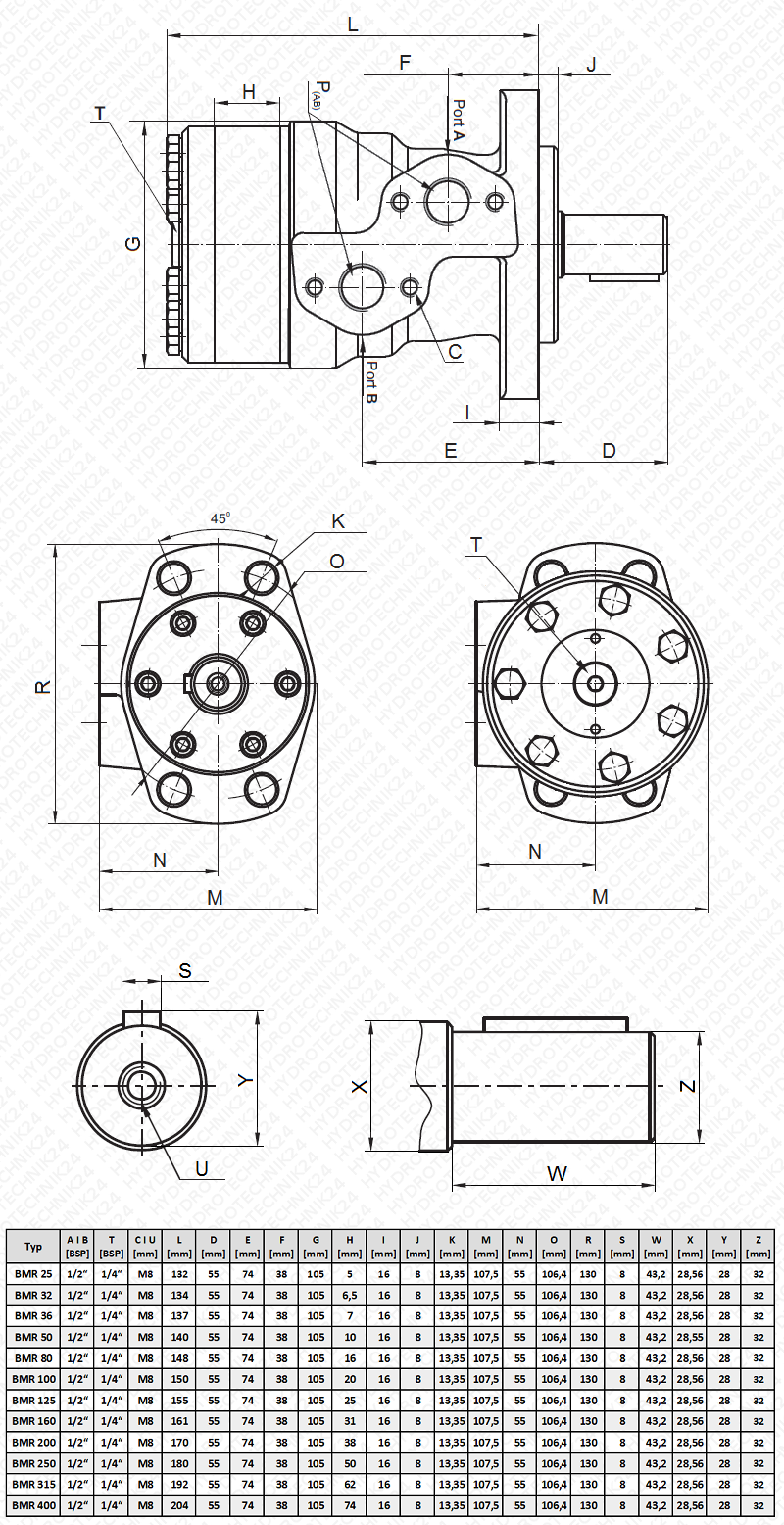 Technische Zeichnung mit Abmessungen für eine ganze Reihe von Hydraulikmotoren Typ BMR SMR OMP